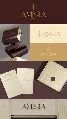 the logo and business cards for ambra, an upscale restaurant in mexico with gold foil on