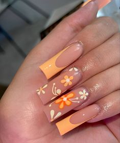 Golden Yellow Nails Acrylic, Cute Bday Nails Medium, Square Nail Inspo 2023, Long Square Nail Designs Summer, Aesthetic Orange Nails, Acrylic Nail Designs Tapered Square, Nails Acrylic Spring Colors, Summer Nails Tapered Square, Square Acrylic Nails 2023