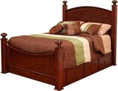 a bed with wooden frame and headboard, made in brown wood finish furniture on white background