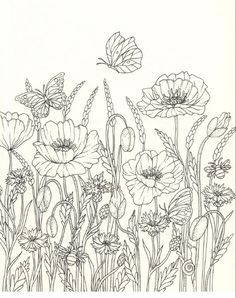 a line drawing of flowers and butterflies in the grass with one butterfly flying over them