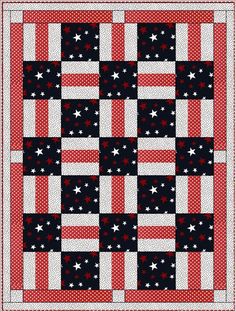 a red, white and blue quilt with stars on the border is shown in this image