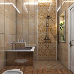 a bathroom with a toilet, sink and shower stall in it's center area