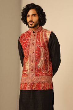 Red sleeveless Nehru jacket with paisley, flower woven motifs and mandarin collared neckline. - Aza Fashions Red Nehru Jacket For Men, Nehru Jacket For Men, Paisley Flower, Nehru Jacket, Nehru Jackets, Jacket For Men, Mandarin Collar, Aza Fashion, Mens Jackets