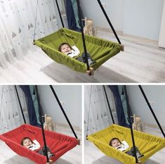 three pictures of a baby in a hammock hanging from the ceiling, and another photo of a toddler