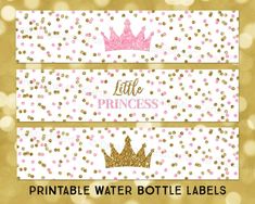 three little princess water bottle labels with gold and pink confetti on the bottom