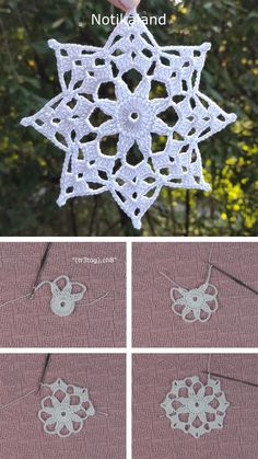 crocheted snowflake ornament is shown with instructions to make it