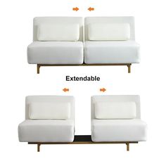 two white couches sitting next to each other on top of a wooden table with arrows pointing in different directions