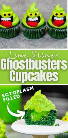 some cupcakes with green frosting on them and the words lime summer ghostbusters cupcakes