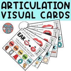 an articulation visual card set with the words ear and lips on it, which are