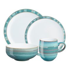 Denby Azure Coast 16-Piece Dinnerware Set Teal Plates, Stoneware Dinner Sets, Denby Pottery, Casual Dinnerware, Ceramic Dinnerware Set, Stoneware Dinnerware Sets, Stoneware Dinnerware, Ceramic Dinnerware, Color Glaze