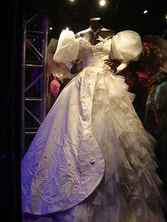 a white dress on display in a glass case