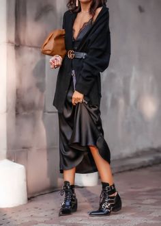 Slip Dress Outfit Night, Leather Dress Outfit, Bottega Bag, The Perfect Date, Perfect Date Night, Black Silk Dress