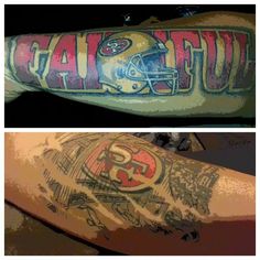 two pictures of tattoos with the same image on each arm and one has a football helmet