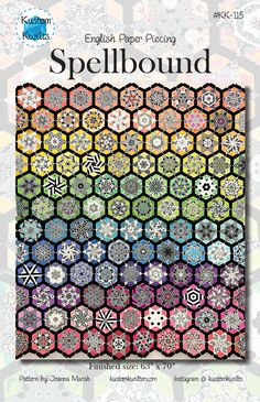 the front cover of an english paper piecing book, spellbound with colorful hexagonal