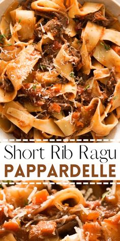 a close up of a plate of pasta with meat and cheese on top, next to the words short rib ragu papparella