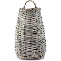 a white and grey basket with handles on the front, sitting against a white background