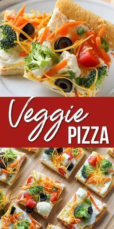 veggie pizza with cheese, broccoli and carrots is on a white plate