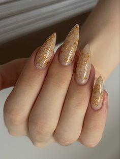 Sparkle Nails Ideas, Long Sleeve Dress Ideas, Fall Sparkle Nails, Almond Designs, Bright Nail Designs, Golden Nails, Vintage Nails, Short Almond, Bright Nails