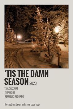 the cover of tis the damn season, with snow covered trees and street lights in the background