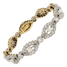 An Edwardian pearl and diamond bracelet, consisting of nine marquise-shaped diamond-set openwork links, each to the centre with a round natural pearl set between two old-cut diamonds, linked with nine old brilliant-cut diamonds, the diamonds estimated to weigh a total of 5 carats all milegrain-set in platinum to a yellow gold mount, with snap clasp, measuring approximately 17 x 0.9cm, gross weight 14.9 grams, in a fitted case by Goldsmiths & Silversmiths Co, circa 1910. Should you choose to make Goth Wardrobe, Platinum Bracelet, Woven Bracelets, Pearl Set, Natural Pearl, Yellow Gold Bracelet, Antique Diamond, Pearl Diamond, Diamond Set