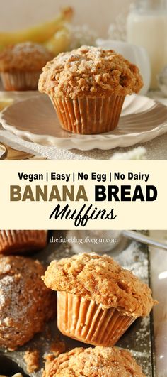 vegan banana bread muffins on a baking sheet with the text vegan easy no egg no dairy