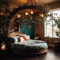 a bed sitting in a bedroom next to a window with lots of lights on it