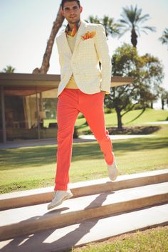 Skip along. Portrait photography. Male portrait. Fashion photography. Blazer Photoshoot, Orange Pants Outfit, Desert Glam, Crab Feed, Snazzy Outfits, Salmon Pants, Red Chinos, Orange Pants, Spring Suit