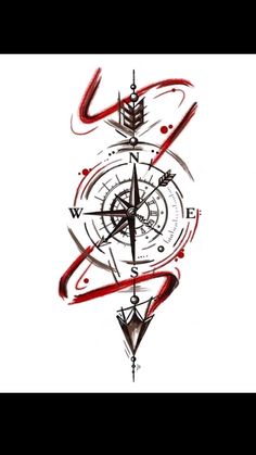 a drawing of a compass with red and black lines on it's side, in the shape of an arrow