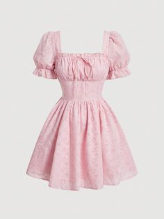 Pink Casual,Boho Collar Short Sleeve Woven Fabric Plain A Line Embellished Non-Stretch  Women Clothing Feminine Pink Outfits, Pink Dresses With Sleeves, Pink Dress Shein, Clothes Coquette, Dress From Shein, Coquette Clothing, Baby Pink Dresses, Looks Pinterest, My Universe