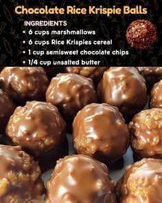 chocolate rice krispie balls are stacked on top of each other with the recipe below