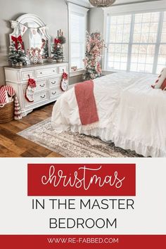 a bedroom decorated for christmas with red and white decorations on the bed, dressers and windows