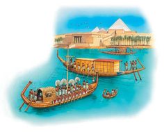 two boats with people on them floating in the water next to an egyptian pyramids