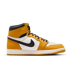 A classic, remastered. This AJ1 balances Yellow Ochre and Black against a tumbled Sail leather backdrop for a clean, sophisticated finish. Refined details and retro branding bring it all together: old-meets-new style as smooth as MJ's fadeaway. Leather offers durability and structure. Nike Air-Sole units provide lightweight cushioning. Solid rubber outsoles give you traction on a variety of surfaces. Retro Branding, Jordan 1 High Og, Jordan Air, Retro Brand, Yellow Ochre, Air Jordan 1 Retro High Og, Air Jordan 1 Retro High, Nike Air Jordan 1, Air Jordan 1 High