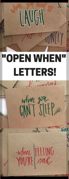 several envelopes with writing on them and the words open when letters can't sleep