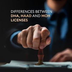 a person holding a stamp with the words differences between dha, had and moh licensees