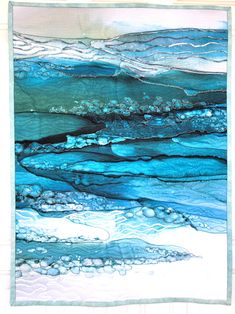 an abstract painting with blue and white waves on the ocean shore, as well as bubbles in the water