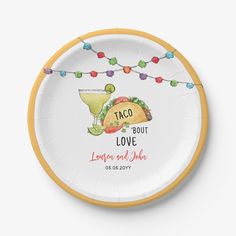 a personalized paper plate with taco love on it