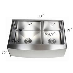 double bowl stainless steel kitchen sink with measurements for the top and bottom bowls on each side