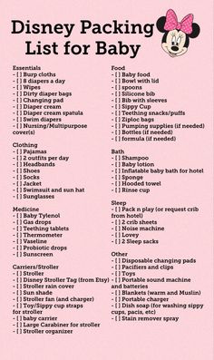 the disney packing list for baby is shown in pink and black with minnie mouse on it