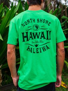 Product details: Slim Fit Jersey Tee Screen print - main design on back Lightweight 4.3 oz, 100% Cotton (solid colored tees) 65% cotton + 35% poly (heather colored tees) Set-in rib collar with shoulder-to-shoulder taping Double-needle sleeve and bottom hem Machine wash with like colors Surfing Hawaii, North Shore Hawaii, Hawaii Surf, Surf Design, Surf Accessories, Surf Shirt, North Shore, Jersey Tee, New T