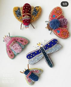 four different types of brooches on a white surface with text overlay that reads, how to make beaded insect brooches