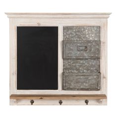 a chalkboard and two metal drawers on a wooden shelf