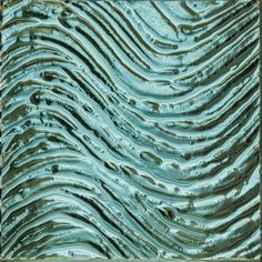 an abstract painting with wavy lines in blue, green and brown colors on the surface