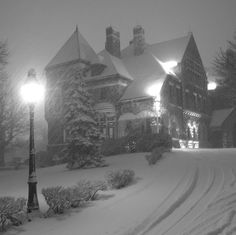 a snow covered street light in front of a large house