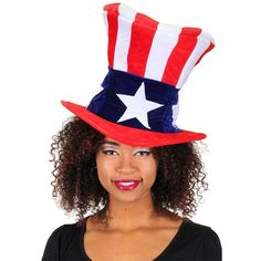 Sport the stars and stripes anytime you want with this Giant 4th of July Plush Hat! This oversized velour hat has with a size adjuster band on the inside to help it comfortably fit most people. The red brim matches the red and white stripes on to. A white five-pointed star motif is repeated on a blue background around the hat to complete the look and bring Uncle Sam’s hat to life! Forrest Gump Costume, Hotel Transylvania Costume, Karate Kid Costume, Uncle Sam Hat, Blue Three Piece Suit, Ace Ventura Costume, Barcode Tattoo, Kiss Costume, Side Ponytails