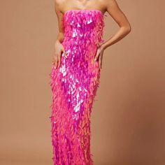 Pink Sequin Gown // Never Worn // Tags On // Comfortable Fit With Lots Of Stretch // Great Length! Pink Strapless Floor-length Party Dress, Strapless Pink Maxi Dress For Party, Pink Sequined Maxi Dress For Summer, Pink Disco Dress, 30th Outfit, Hot Pink Sequin Dress, Pink Ladies Outfit, Ulla Johnson Dress, Eyelet Maxi Dress