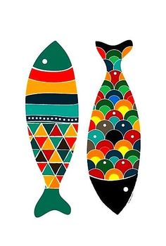 two colorful surfboards with different designs on them