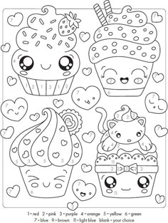 a coloring page with cupcakes and hearts