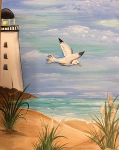 a painting of a lighthouse and seagull in the sky