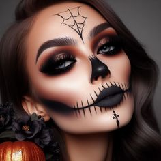 Pretty Sugar Skull Makeup, Halloween Face Paint Women, Skull Glam Makeup, Sugar Skull Makeup Pretty, Eye Halloween Makeup, Katrina Makeup, Glam Skull Makeup, Sugar Skull Makeup Easy, Minnie Makeup